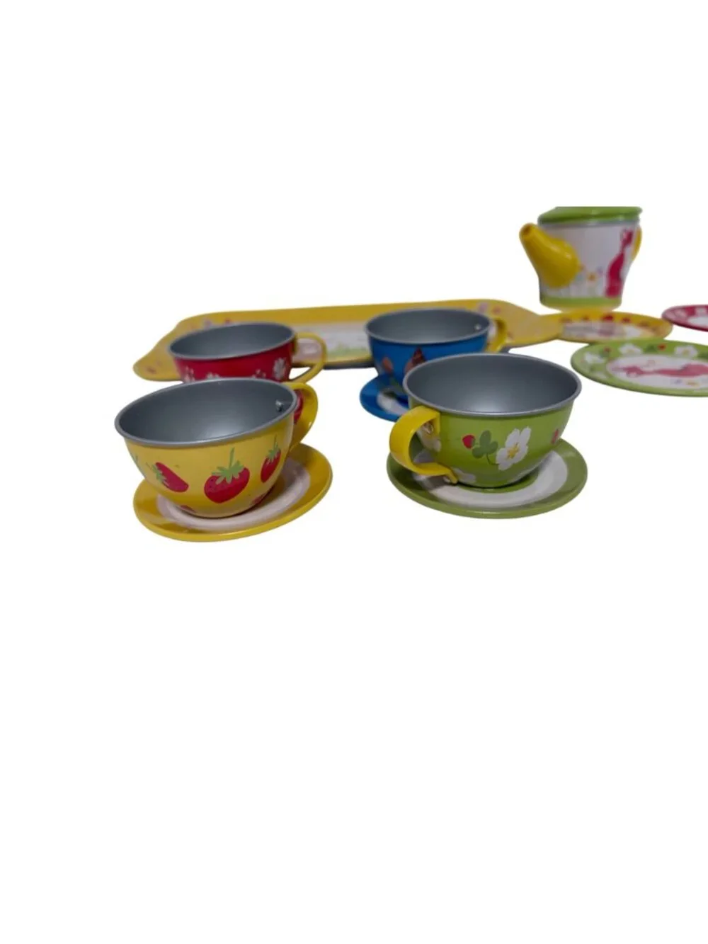 Metal Child Play Teaset 14 piece Multicolor floral Tray Teapot 4 cup Saucers 4 d